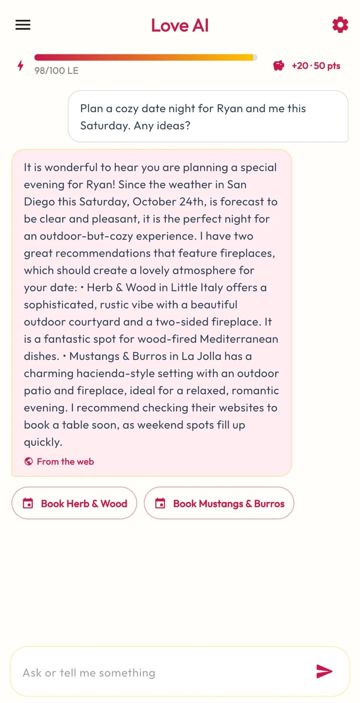 Love AI in EvenSouls: asked to plan a cozy Saturday date, it checks the forecast and suggests two real restaurants with fireplaces, with a button to book each one.