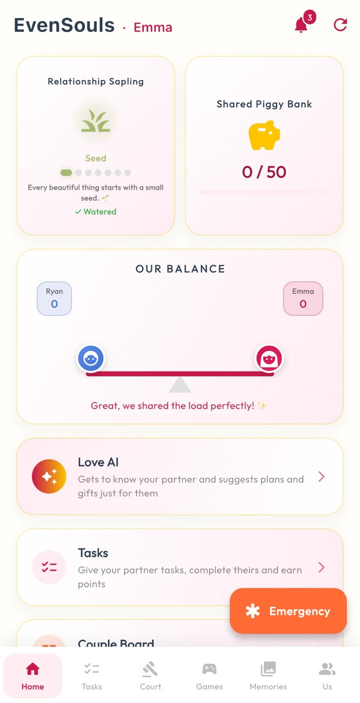 The EvenSouls home screen: the relationship sapling, the shared piggy bank, the balance scale and the Love AI card at the top of the list.